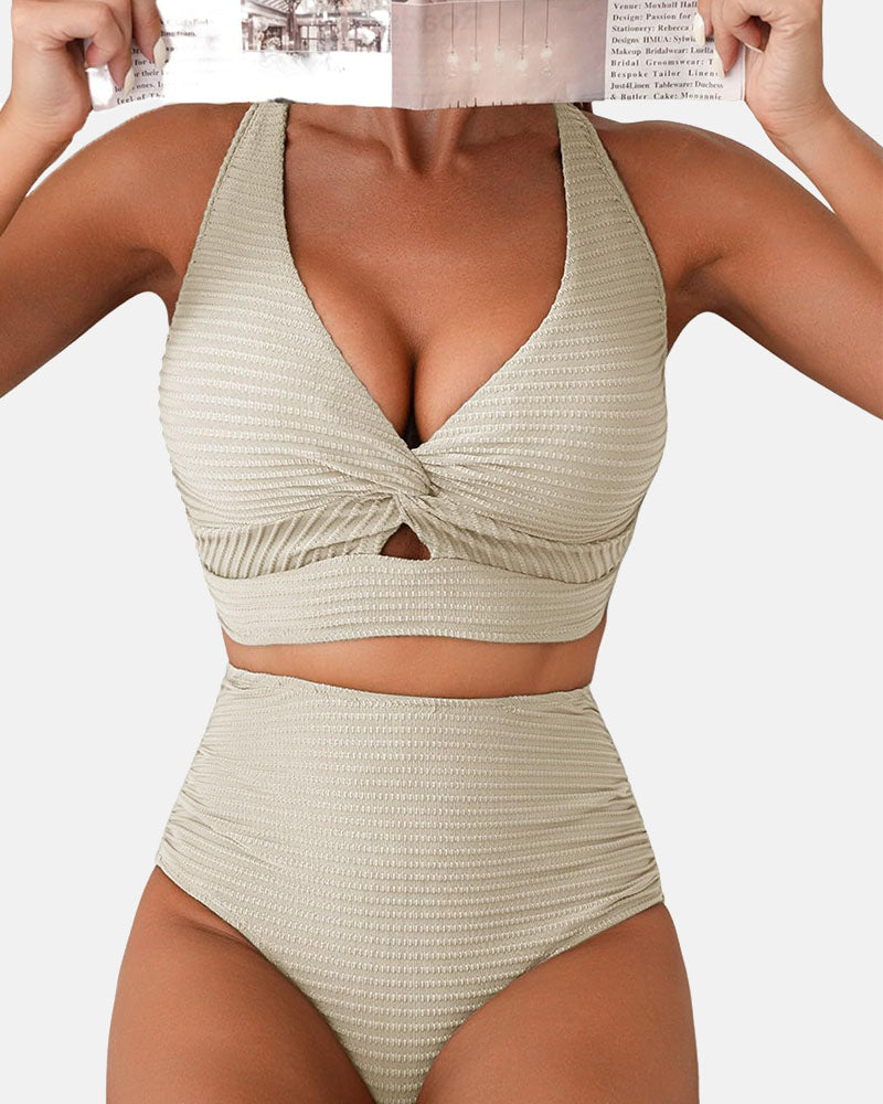 Textured Twist Front High-Waisted Bikini Set