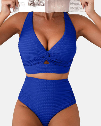 Textured Twist Front High-Waisted Bikini Set