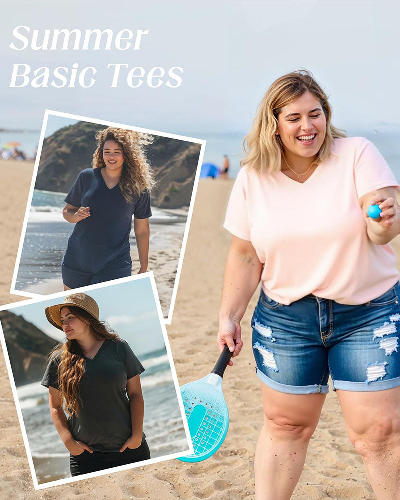 Women's Plus Size Basic Sleeve V-Neck T-Shirts