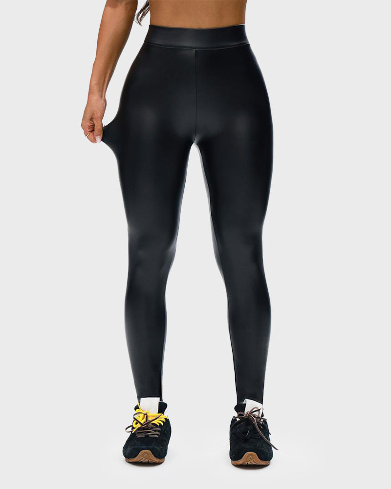 High Waist Fleece Stretch Artificial Leather PU Leather Leggings