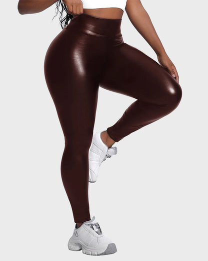 High Waist Fleece Stretch Artificial Leather PU Leather Leggings