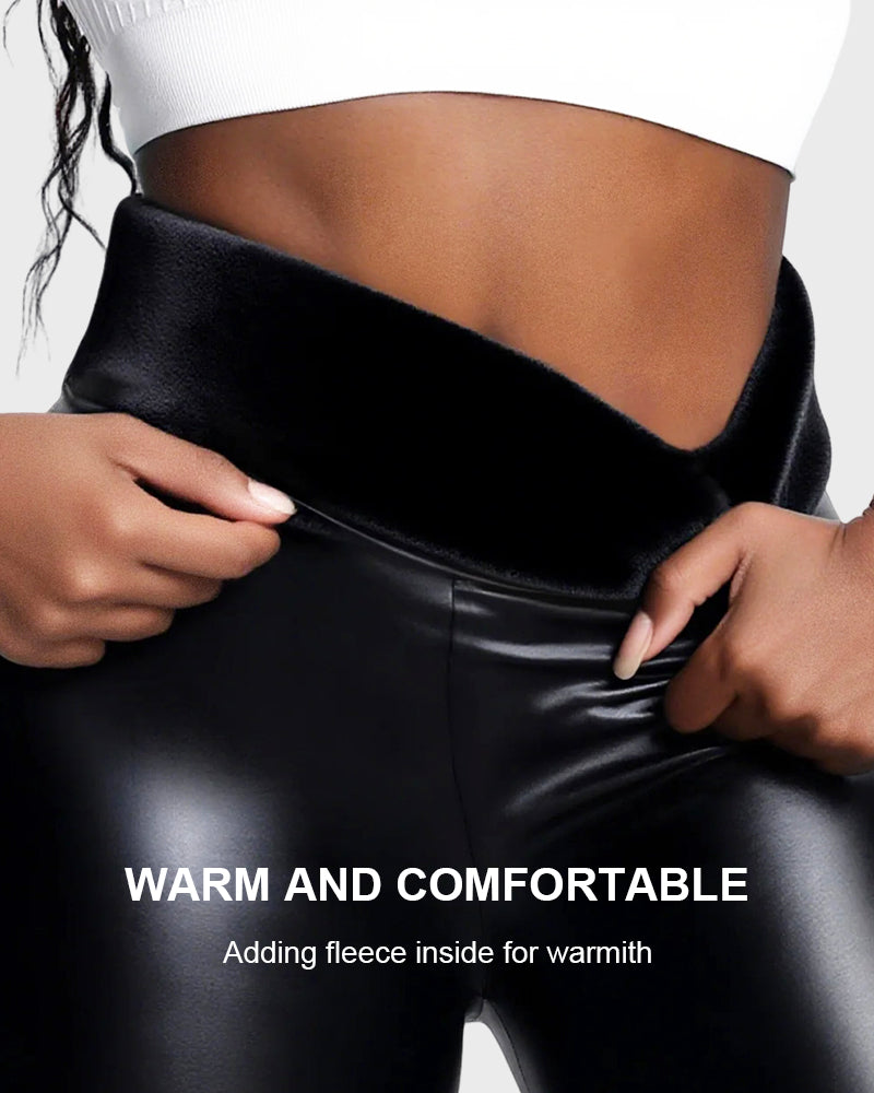 High Waist Fleece Stretch Artificial Leather PU Leather Leggings
