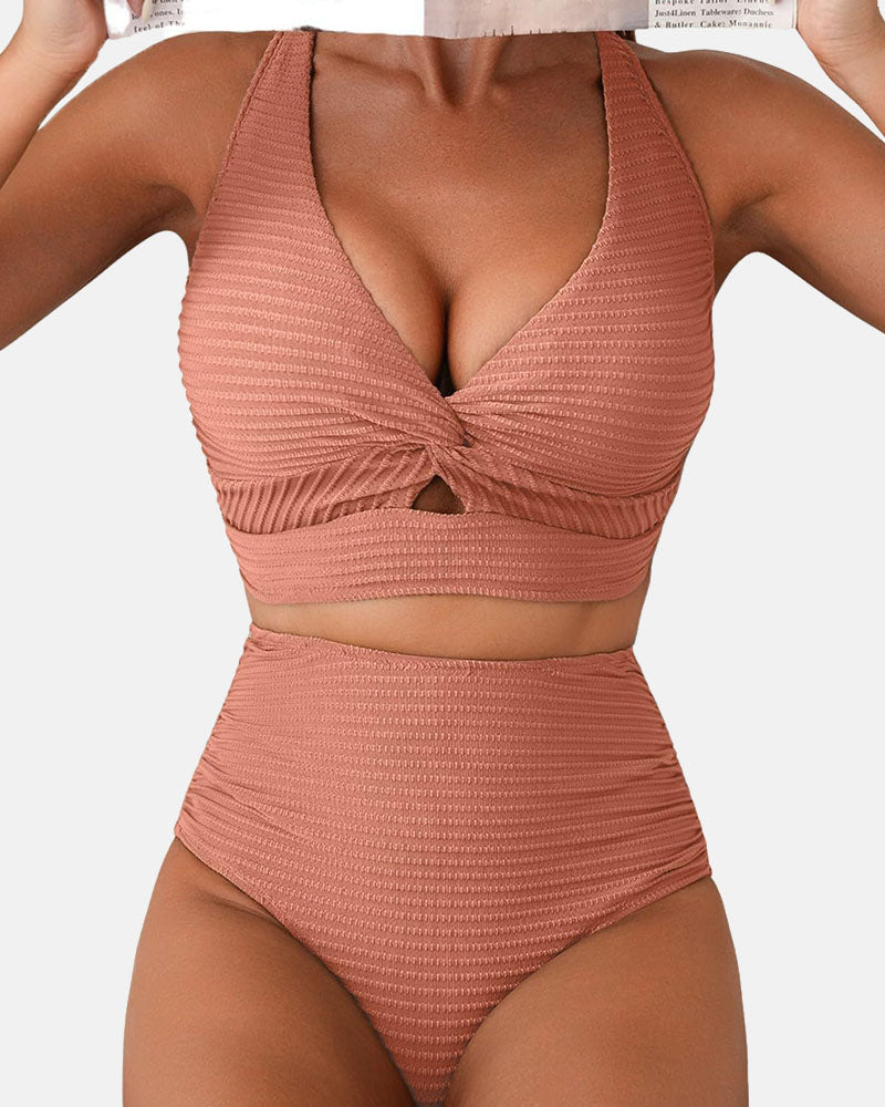 Textured Twist Front High-Waisted Bikini Set