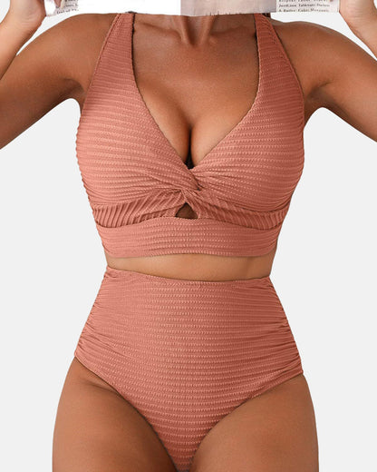 Textured Twist Front High-Waisted Bikini Set