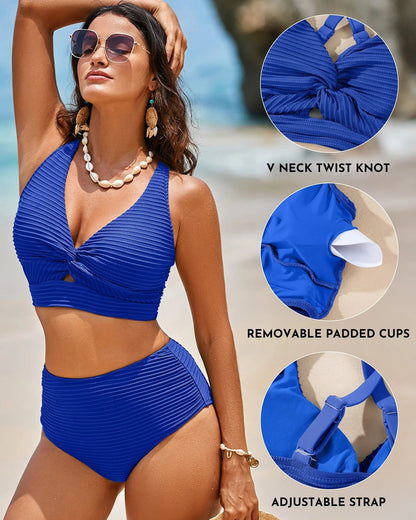 Textured Twist Front High-Waisted Bikini Set