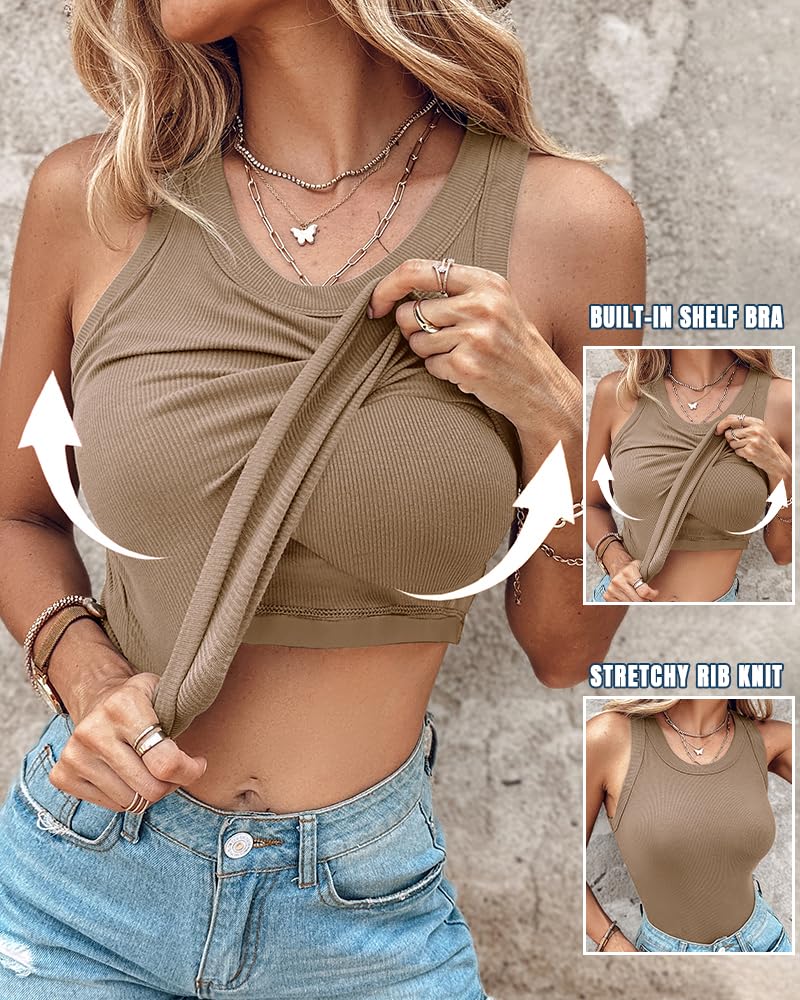 Ribbed Tank Top with Built-in Bra and Pads